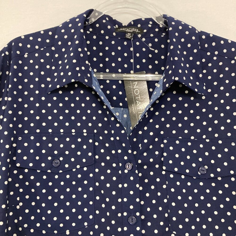 Notations Navy Blue Polka Dot, Lightweight, poly SOFT drape Shirt. Like NEW! - Picture 4 of 11